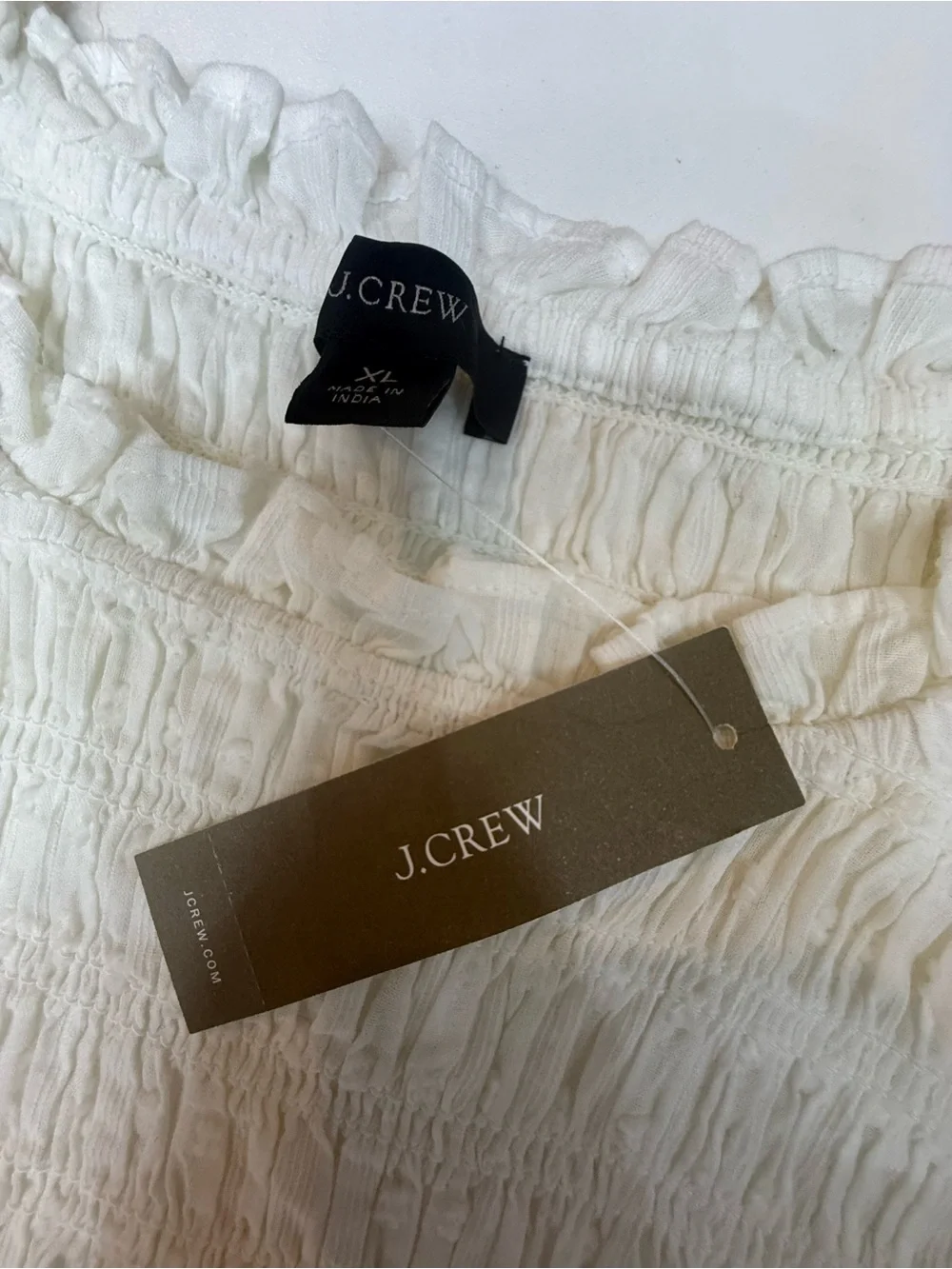 J. Crew White Smocked Puff-Sleeve Ruffle-Trim Blouse size XL